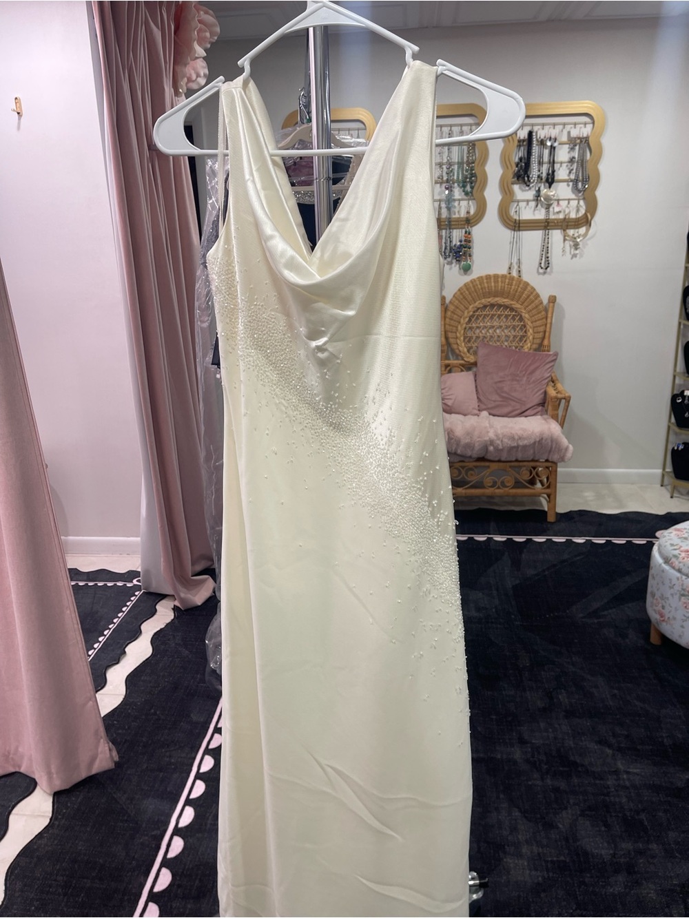 Vintage Jones New York Ivory Beaded Cowl Neck Slip Dress
